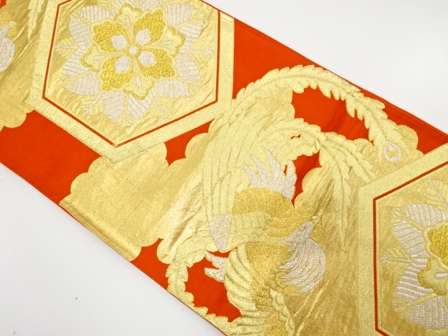 アンティーク　鳳凰に花亀甲模様織り出し袋帯（着用可）